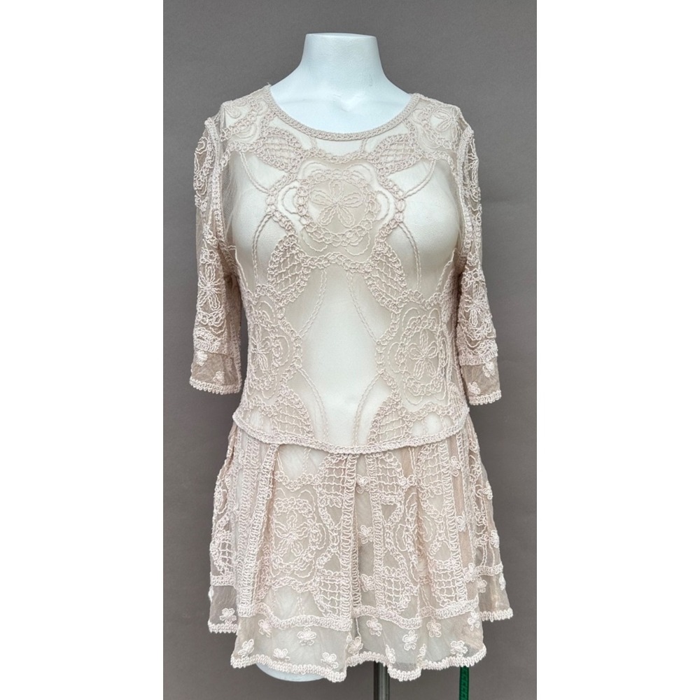 Yaira L Beige Cream Lace Dress Tunic‎ Top Boho Crochet Sheer 3/4 Sleeve Cottage